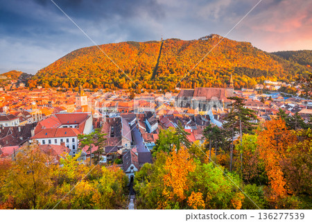 Brasov, Romania. Sunset mild colors with historical city in Transylvania. 136277539