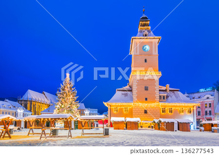 Brasov, Romania. Snowy winter landscape - Christmas Market in Transylvania Brasov, Romania. Snowy winter landscape - Christmas Market in Transylvania 136277543