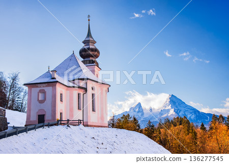 Berchtesgaden, Germany. Maria Gern church, winter frozen landscape with Watzmann Mountain in Alps, Bavaria. Berchtesgaden, Germany. Maria Gern church, winter frozen landscape with Watzmann Mountain in Alps, Bavaria. 136277545