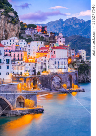 Atrani, Italy. Beautiful Amalfi coastline at twilight, Mediterranean Sea Atrani, Italy. Beautiful Amalfi coastline at twilight, Mediterranean Sea 136277546