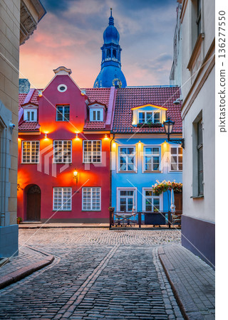 Riga, Letonia. Midnight city lights in downtown, Cathedral Rigas Dom 136277550