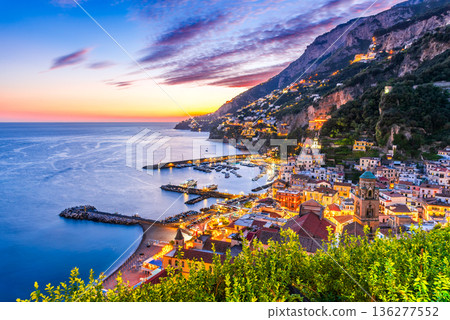 Amalfi, Italy. Night view beautiful Costa Amalfitana, Tyrrhenian Sea Amalfi, Italy. Night view beautiful Costa Amalfitana, Tyrrhenian Sea 136277552