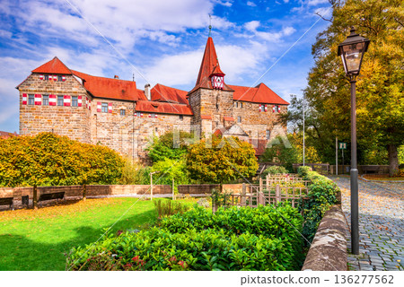 Lauf an der Pegnitz, Germany. View of the Wenzelburg, autumn beautiful light and colors 136277562