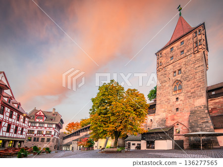 Nuremberg, Germany. Tiergartnertor Square in oldtown Kaiserburg. 136277565