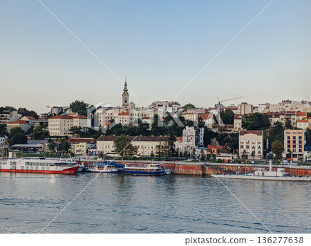 View of Belgrade city center from the Sava river 136277638