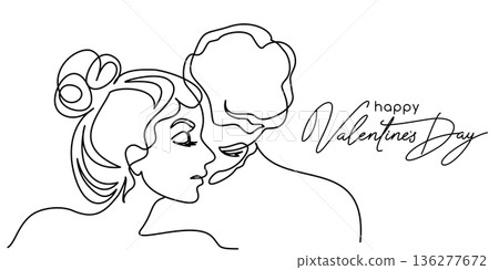Loving couple. Happy Valentine's day card. Continuous one line drawing of man and woman. Loving couple. Happy Valentine's day card. Continuous one line drawing of man and woman. 136277672