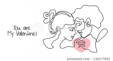 Loving couple. Happy Valentine's day card. Continuous one line drawing of man and woman. 136277682