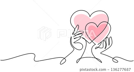 Hands with two hearts. Continuous one line drawing art. Love concept. 136277687