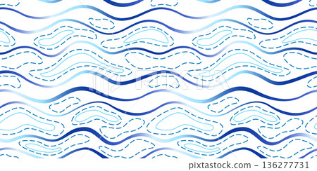 Natural wavy seamless pattern. Blue gradient waves on white background. Sea water blue landscape vector illustration. Abstract background of different curved lines and shapes 136277731