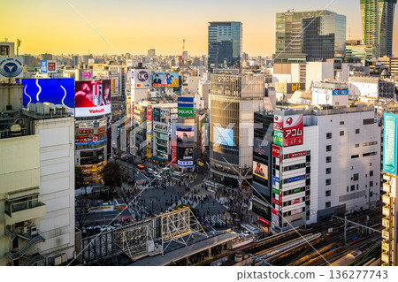 The streets and buildings around Shibuya Scramble Crossing at dusk 136277743