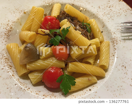 Rotini pasta with meat, mushrooms and tomatoes 136277761