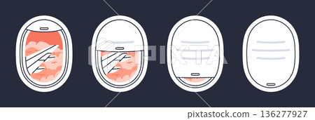 Aircraft porthole. Cartoon flying airplane window with sunset sky and clouds, plane window view flat vector illustration set. Hand drawn plane skyscape Aircraft porthole. Cartoon flying airplane window with sunset sky and clouds, plane window view flat vector illustration set. Hand drawn plane skyscape 136277927