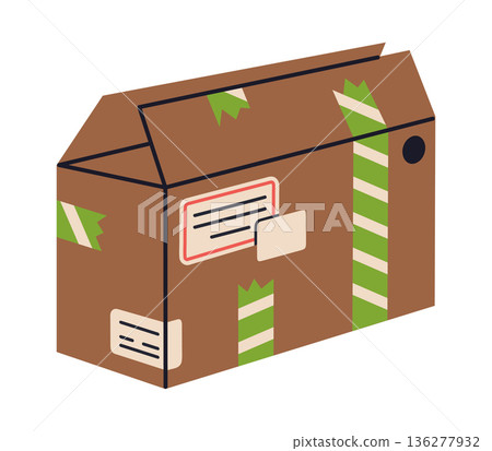 Cartoon parcel. Cargo packed cardboard box, carton warehouse box with goods, delivery or moving carton container flat vector illustration. Delivery box on white background Cartoon parcel. Cargo packed cardboard box, carton warehouse box with goods, delivery or moving carton container flat vector illustration. Delivery box on white background 136277932