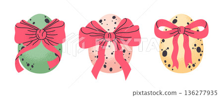 Easter eggs. Cute painted eggs with tied bows, traditional Easter treat flat vector illustration set. Spring holidays decorative eggs on white Easter eggs. Cute painted eggs with tied bows, traditional Easter treat flat vector illustration set. Spring holidays decorative eggs on white 136277935