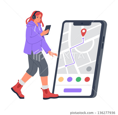 Girl use map application. Online city urban map app, woman search location with gps position marker flat vector illustration. Mobile navigation app on smartphone screen Girl use map application. Online city urban map app, woman search location with gps position marker flat vector illustration. Mobile navigation app on smartphone screen 136277936