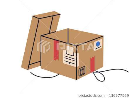 Packed parcel. Cargo cardboard box, carton warehouse box with goods, delivery or moving carton container flat vector illustration. Hand drawn box on white background Packed parcel. Cargo cardboard box, carton warehouse box with goods, delivery or moving carton container flat vector illustration. Hand drawn box on white background 136277939