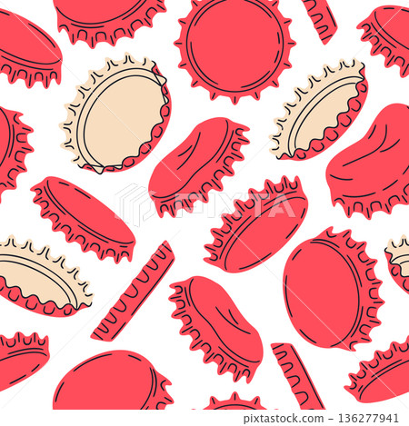 Red metallic lids seamless pattern. Beer or soda glassware bottle cap, bottle caps for glass container with beverages endless design flat vector background illustration. Colorful caps pattern 136277941