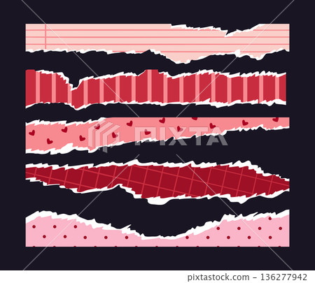 Romantic pattern cracked paper pieces. Valentines day paper sheets, torn and ripped notebook page or sticky notes with scrap edge flat vector illustration set. Cute paper strips fragments Romantic pattern cracked paper pieces. Valentines day paper sheets, torn and ripped notebook page or sticky notes with scrap edge flat vector illustration set. Cute paper strips fragments 136277942