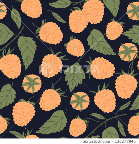 Yellow raspberry pattern. Cartoon forest raspberry seamless pattern, yellow raspberry endless design flat vector background illustration. Fresh berry colorful backdrop 136277946