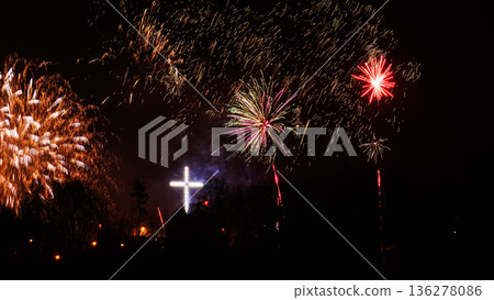 Colorful fireworks at holiday night 136278086