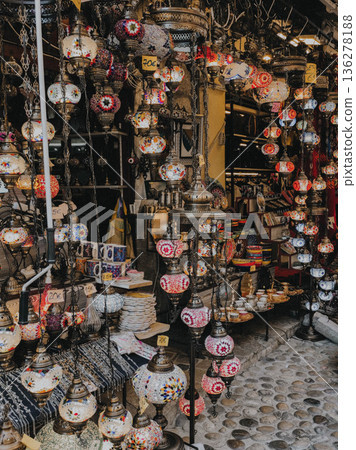 Balkan bazaar scene with oriental lamps 136278188