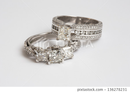 Two magnificent gold rings with large natural princess-cut or Square Modified Brilliant diamonds. Two magnificent gold rings with large natural princess-cut or Square Modified Brilliant diamonds. 136278231