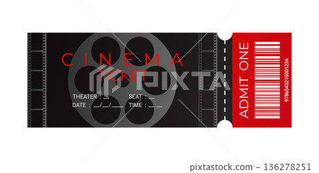 Cinema ticket template with barcode. Cinema ticket design with film reel silhouette. Vector illustration 136278251