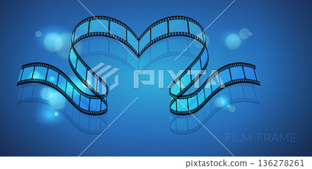 Film frame with heart shaped filmstrip and flashing lights on blue background. Movie premiere template. Vector illustration Film frame with heart shaped filmstrip and flashing lights on blue background. Movie premiere template. Vector illustration 136278261