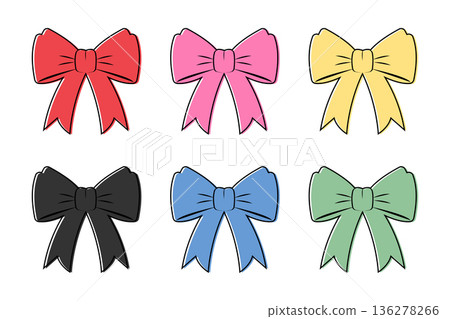 A set of colorful ribbon bow outlines. Gift bows in various colors. Vector illustration 136278266