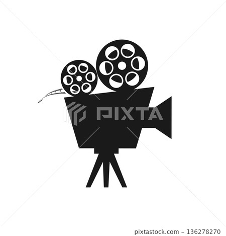 Retro movie camera silhouette icon isolated on white background. Movie film symbol. Vector illustration 136278270