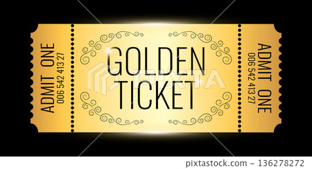 Shiny golden ticket design on black background. Festival, premiere events, luxury and VIP invitation concept. Vector illustration 136278272