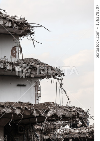 Ruins of building under destruction, urban scene. 136278307