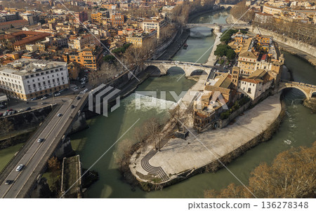 Aerial view of Tiber Island and bridges over Tiber River 136278348