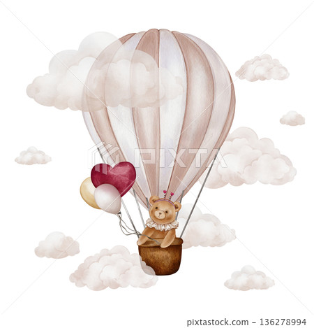 Watercolor pink Air Balloons with basket and bear. Hand drawn illustration for Children design with clouds. Vintage Aircraft with hot air and hearts for icon or logo in pastel colors for kids. Watercolor pink Air Balloons with basket and bear. Hand drawn illustration for Children design with clouds. Vintage Aircraft with hot air and hearts for icon or logo in pastel colors for kids. 136278994