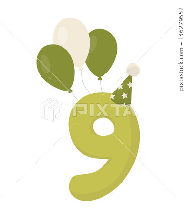 A green number nine with three balloons and a star-shaped party hat. Pastel flat vector with soft shadows. Perfect for birthday and anniversary invitations. Ideal for DIY invitations, cards, posters, A green number nine with three balloons and a star-shaped party hat. Pastel flat vector with soft shadows. Perfect for birthday and anniversary invitations. Ideal for DIY invitations, cards, posters, 136279552
