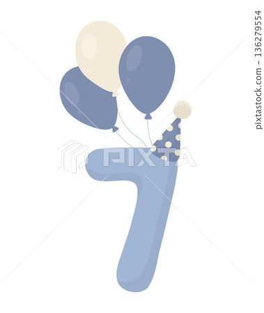 Seventh birthday, number seven, soft blue, with a party hat and a bouquet of balloons. Flat vector illustration for boy's first birthday invitations, greeting cards, nursery decor, party posters, Seventh birthday, number seven, soft blue, with a party hat and a bouquet of balloons. Flat vector illustration for boy's first birthday invitations, greeting cards, nursery decor, party posters, 136279554