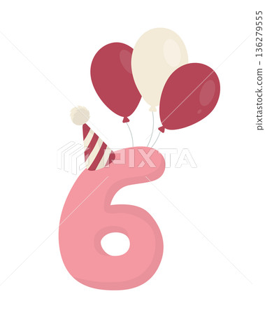 Pink number 6 with three balloons and striped party hat. Pastel flat vector with soft shading. Birthday anniversary numeral clipart isolated on white. For sixth birthday invites, cards, posters print. Pink number 6 with three balloons and striped party hat. Pastel flat vector with soft shading. Birthday anniversary numeral clipart isolated on white. For sixth birthday invites, cards, posters print. 136279555