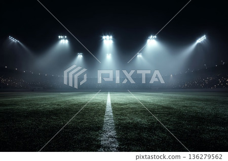 a bottom view an empty soccer field bathed in spotlights, cinematic a bottom view an empty soccer field bathed in spotlights, cinematic 136279562