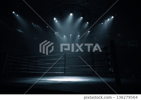 an empty boxing ring, floodlit. 136279564