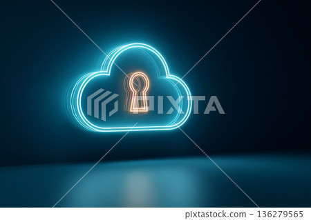 A digital 3D neon cloud with a glowing keyhole within it. Cloud computing and cybersecurity concept. A digital 3D neon cloud with a glowing keyhole within it. Cloud computing and cybersecurity concept. 136279565
