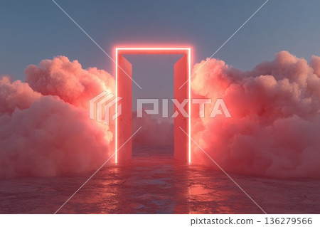 a digital 3D neon cloud and doors leading into it a digital 3D neon cloud and doors leading into it 136279566
