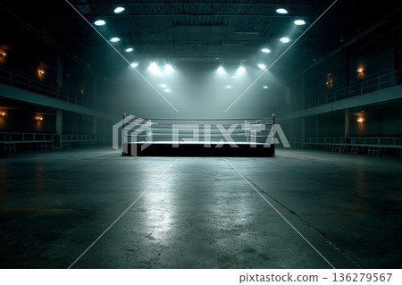 an empty boxing ring, floodlit. 136279567