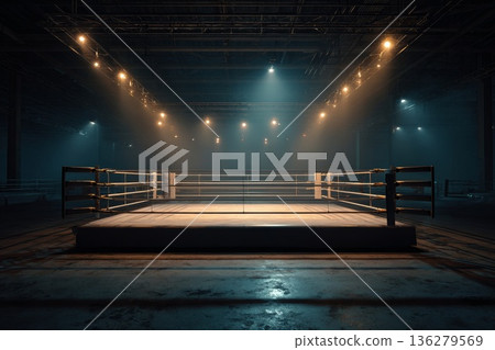 an empty boxing ring, floodlit. 136279569