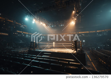 an empty boxing ring, floodlit. 136279570