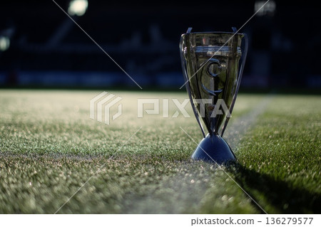 UEFA Cup on the stadium grass in the rays of light UEFA Cup on the stadium grass in the rays of light 136279577