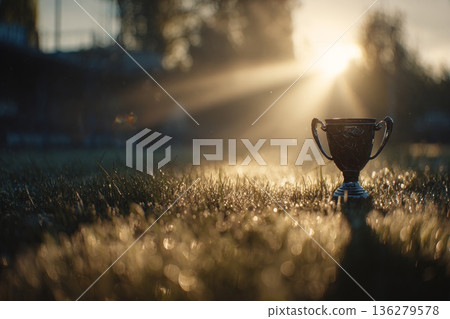 UEFA Cup on the stadium grass in the rays of light 136279578