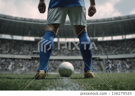 A football player prepares to take a penalty kick, a ball near him 136279585