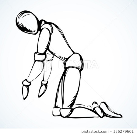 The puppet is kneeling. Vector drawing The puppet is kneeling. Vector drawing 136279601