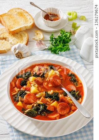Swamp Soup with Sausage Kale White Bean and Orzo 136279674