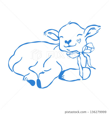 A cute lying goat with a bow. Farm animals, vector outline illustration of an Easter goat. Clipart featuring a farm animal. A cute lying goat with a bow. Farm animals, vector outline illustration of an Easter goat. Clipart featuring a farm animal. 136279999